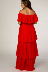 Red Pleated Ruffle Tiered Maternity Maxi Dress