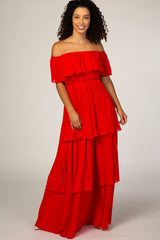 Red Pleated Ruffle Tiered Maternity Maxi Dress