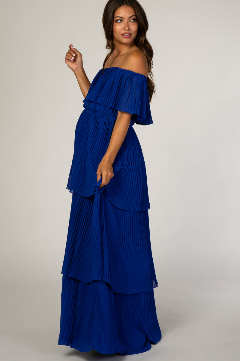 Royal Blue Pleated Ruffle Tiered Maternity Maxi Dress – PinkBlush