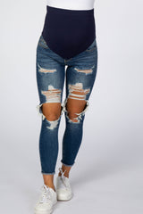 Navy Blue Ripped Knee Distressed Crop Maternity Jeans