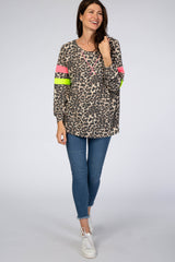 Brown Animal Print Neon Stripe Sleeve Top