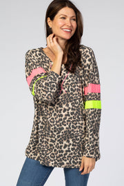 Brown Animal Print Neon Stripe Sleeve Top