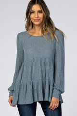 Blue Ribbed Knit Tiered Bubble Long Sleeve Maternity Top