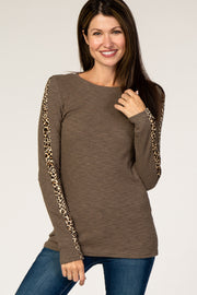 Olive Ribbed Animal Print Long Sleeve Top