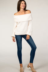 Ivory Soft Chenille Off Shoulder Foldover Sweater