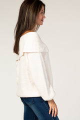 Ivory Soft Chenille Off Shoulder Foldover Sweater