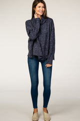 Navy Blue Heathered Knit Turtleneck Sweate