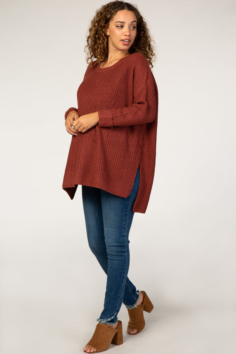 Rust Hi Low Side Slit Cuff Sleeve Maternity Sweater – PinkBlush