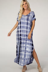 Navy Blue Tie Dye Short Sleeve Maxi Dress