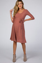 Mauve Swiss Dot V-Neck Waist Tie Maternity Dress