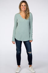 Light Olive Soft Knit V-Neck Long Sleeve Top