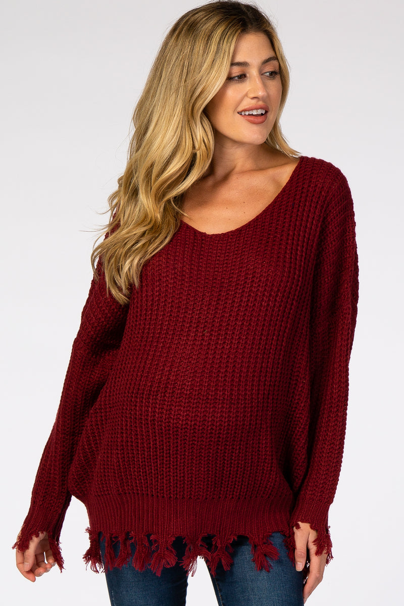 Burgundy Distressed Fringe Maternity Sweater– PinkBlush