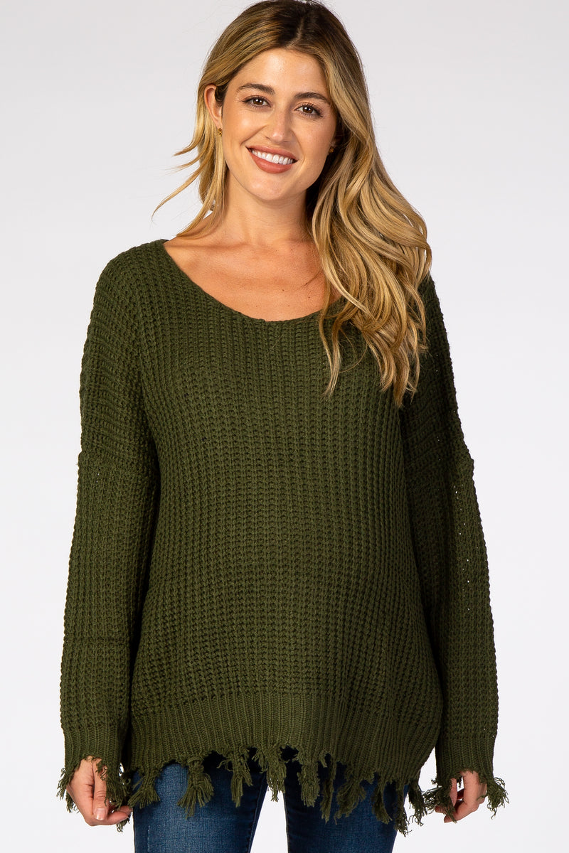 Olive Distressed Fringe Maternity Sweater– PinkBlush