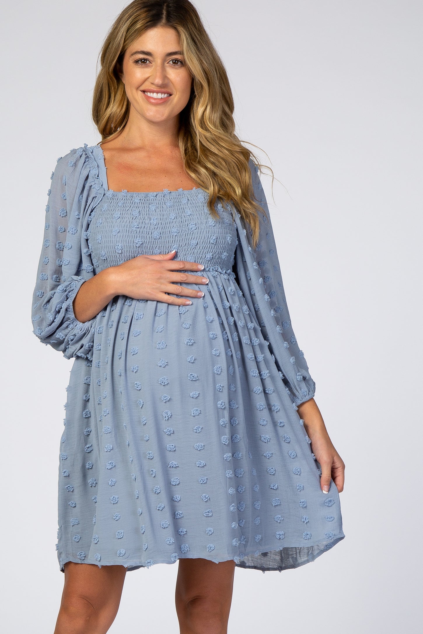 Light Blue Textured Dot Smocked Square Neck Chiffon Maternity Dress–  PinkBlush