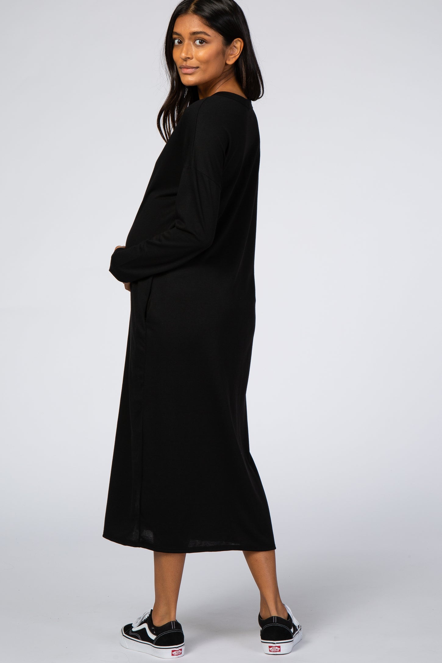 Black Button Down Long Sleeve Maternity Midi Dress– PinkBlush