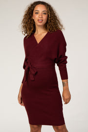 Burgundy Ribbed Fitted Wrap Front Maternity Dress