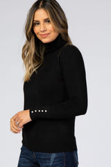 Black Turtleneck Pearl Button Sleeve Sweater