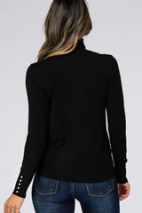 Black Turtleneck Pearl Button Sleeve Sweater