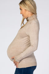 Beige Turtleneck Pearl Button Sleeve Maternity Sweater