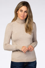 Beige Turtleneck Pearl Button Sleeve Sweater