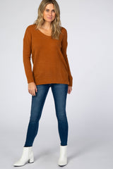 Camel Fuzzy Knit V-Neck Sweater