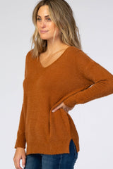 Camel Fuzzy Knit V-Neck Sweater