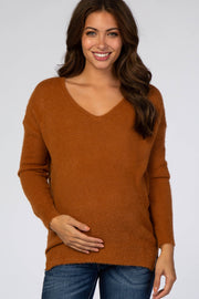 Camel Fuzzy Knit V-Neck Maternity Sweater