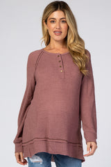 Mauve Waffle Knit Button Front Maternity Top