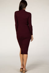 Burgundy Ribbed Fitted Mock Neck Long Sleeve Midi Dress