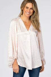 Light Pink Satin Leopard V-Neck Bubble Sleeve Blouse