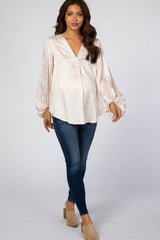 Light Pink Satin Leopard V-Neck Bubble Sleeve Maternity Blouse