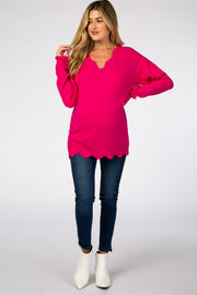 Fuchsia Scalloped V-Neck Maternity Sweater