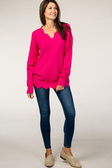 Fuchsia Scalloped V-Neck Sweater