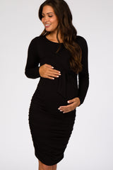 Black Ruched Fitted Front Bow Maternity/Nursing Dress