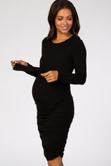 Black Ruched Fitted Front Bow Maternity/Nursing Dress