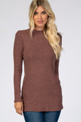 Mauve Ribbed Long Sleeve Mock Neck Maternity Top