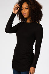 Black Soft Knit Button Shoulder Ruched Side Top