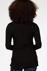 Black Soft Knit Button Shoulder Ruched Side Top