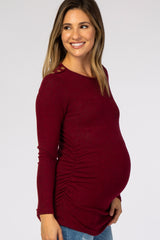 Burgundy Soft Knit Button Shoulder Ruched Side Maternity Top