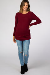 Burgundy Soft Knit Button Shoulder Ruched Side Maternity Top