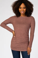 Mauve Soft Knit Button Shoulder Ruched Side Top