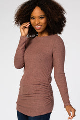 Mauve Soft Knit Button Shoulder Ruched Side Top