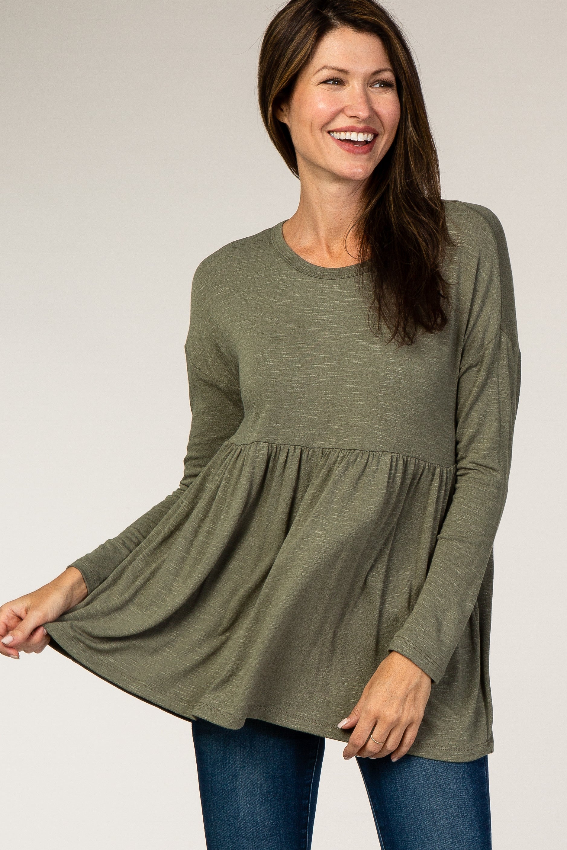 Olive Ribbed Long Sleeve Babydoll Top– PinkBlush