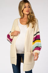 Ivory Thick Knit Striped Bubble Sleeve Maternity Cardigan