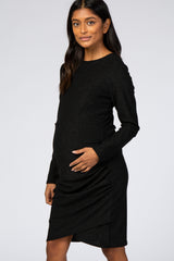 Black Glitter Ruched Wrap Hem Long Sleeve Maternity Dress