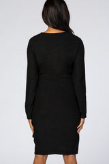 Black Glitter Ruched Wrap Hem Long Sleeve Maternity Dress