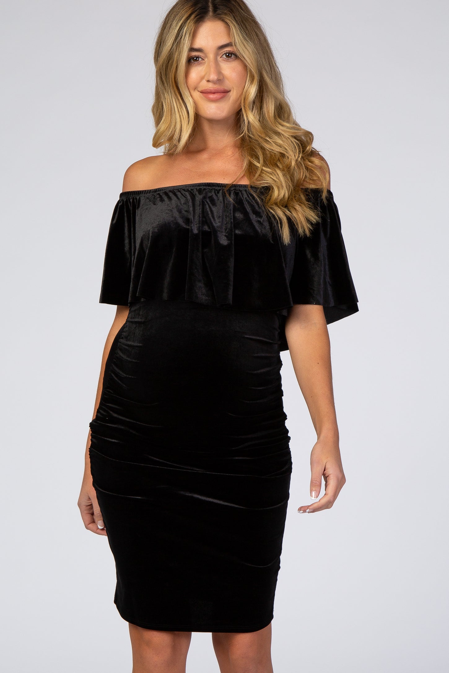 Black Velvet Off Shoulder Fitted Maternity Dress– PinkBlush
