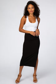 Black Ribbed Side Slit Midi Skirt