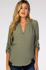 Light Olive V-Neck Maternity Blouse