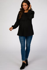 Black Textured Knit Babydoll Long Sleeve Maternity Top